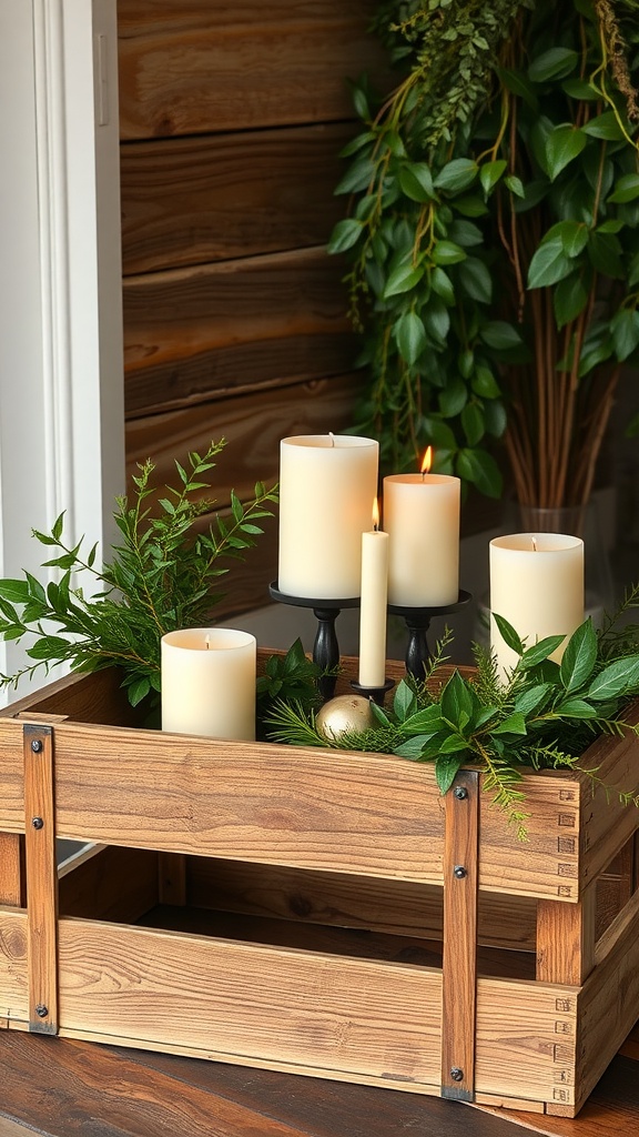 Rustic crate centerpiece with candles and greenery for Valentine's Day.