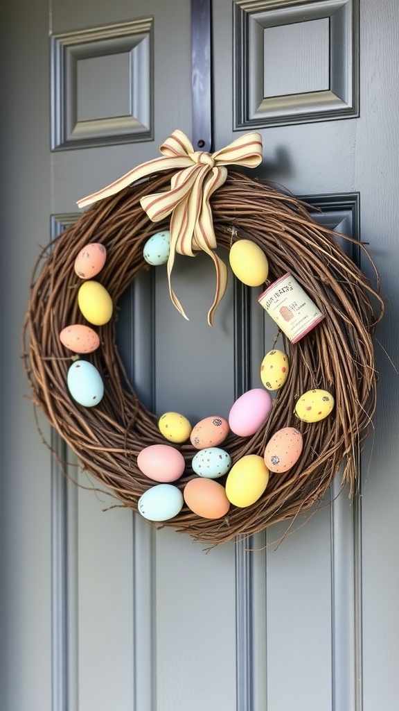 A rustic grapevine wreath adorned with pastel-colored eggs hanging on a door.