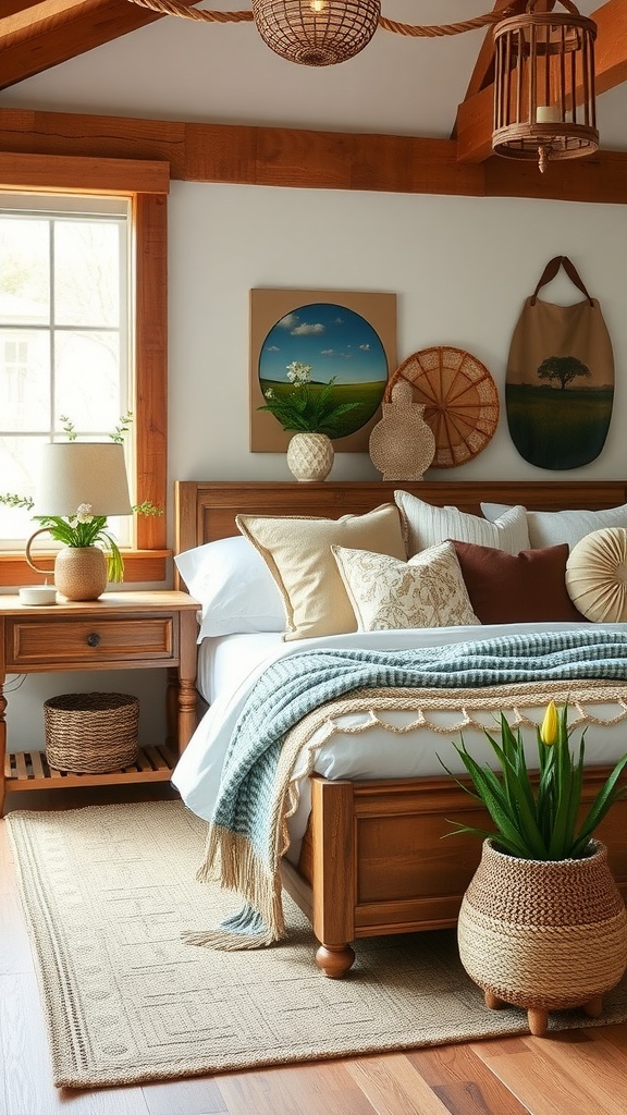 A cozy rustic bedroom setup with natural materials and floral accents