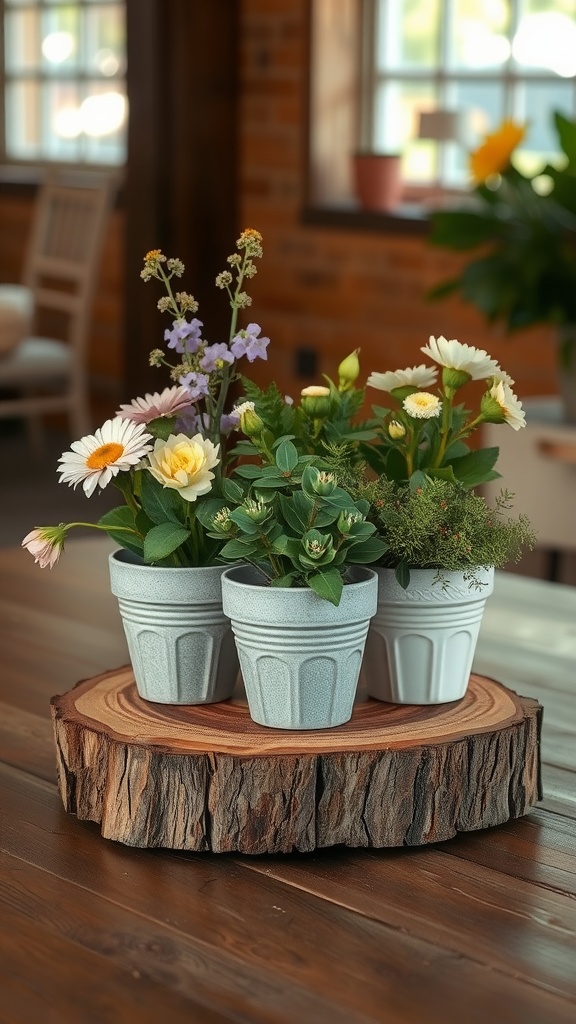 A rustic wood slice base with three potted flowers on a dining table.