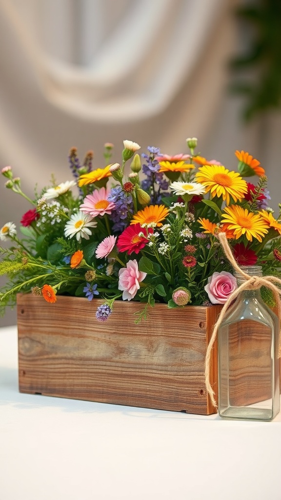 A rustic wooden box filled with vibrant flowers, perfect for a Valentine's centerpiece.