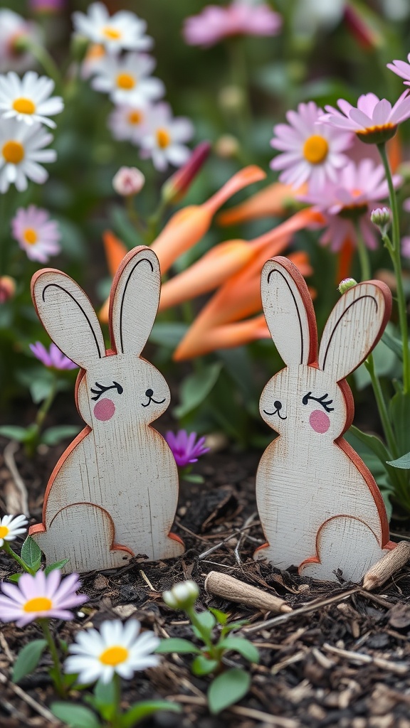 Two rustic wooden bunny cutouts in a garden filled with colorful flowers.