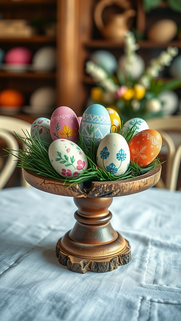 A rustic wooden egg display stand with colorful decorated eggs and greenery.