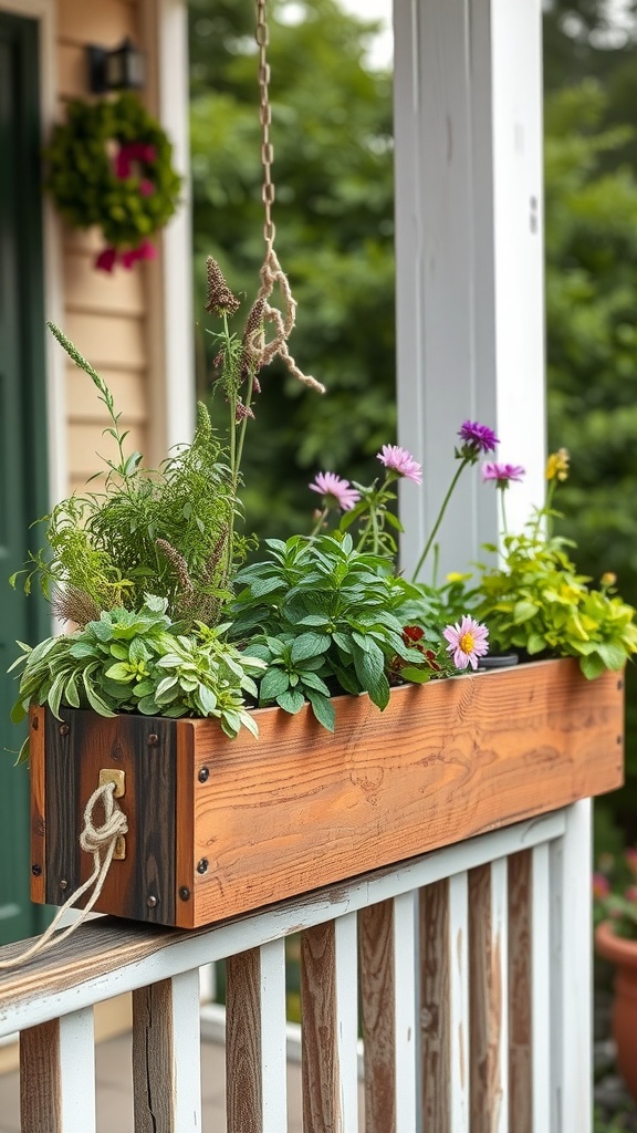 A rustic wooden planter filled with various plants on a porch railing.