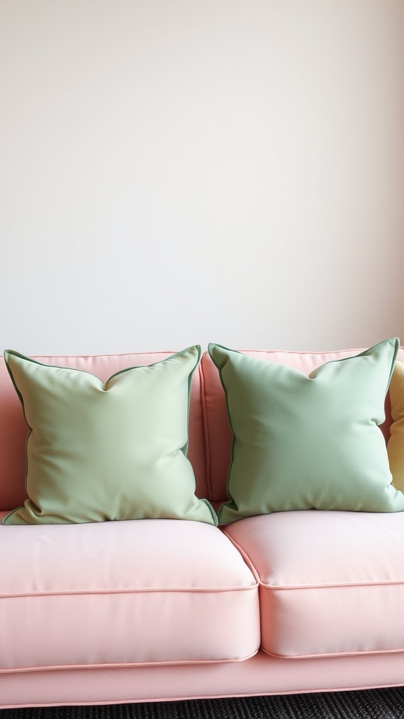 Sage green accent pillows on a pink couch.