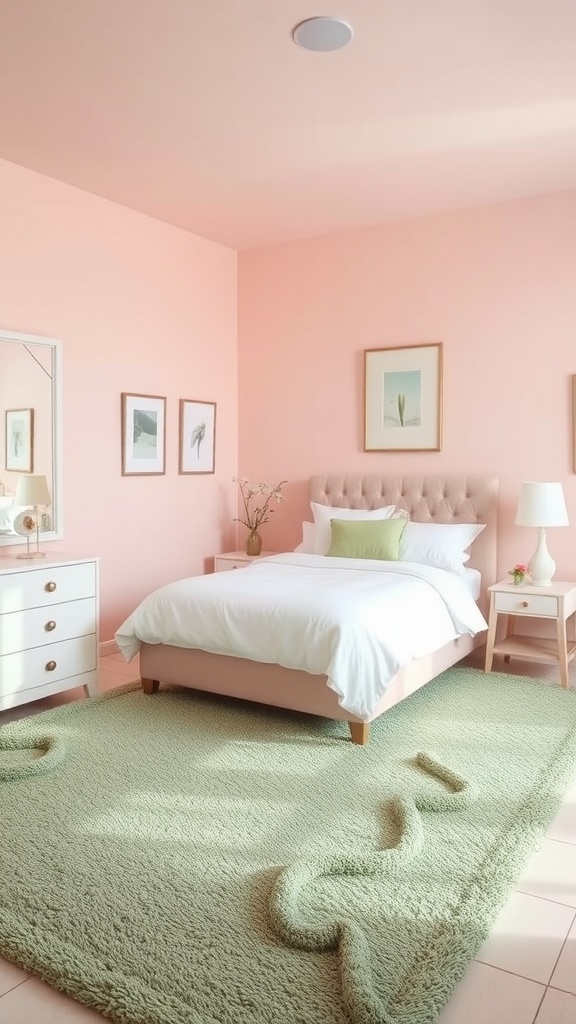 A cozy bedroom featuring a sage green accent rug, pink walls, and a stylish bed.