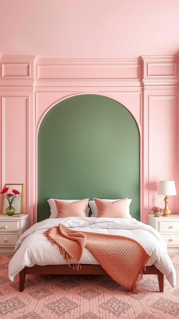 A sage green accent wall in a bedroom with pale pink decor and bedding.