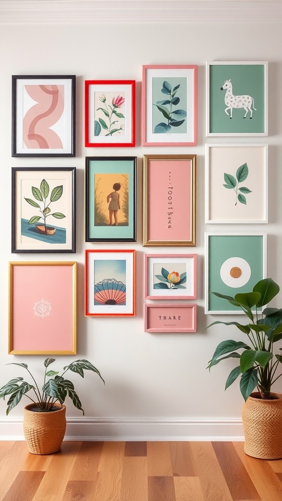 A gallery wall with various framed artworks in pink and green tones.