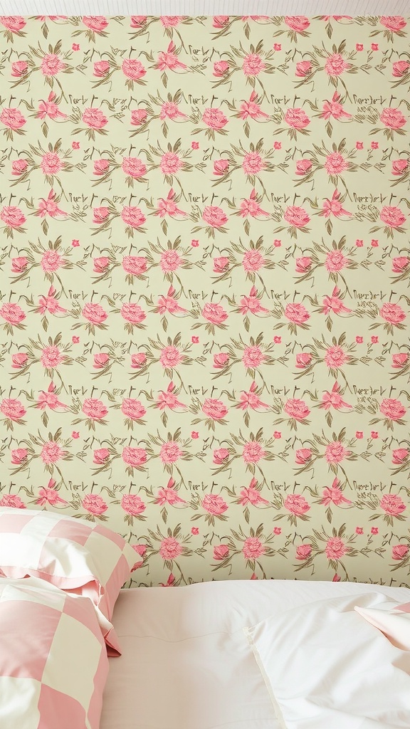 Sage green and pink floral wallpaper with pillows on a bed