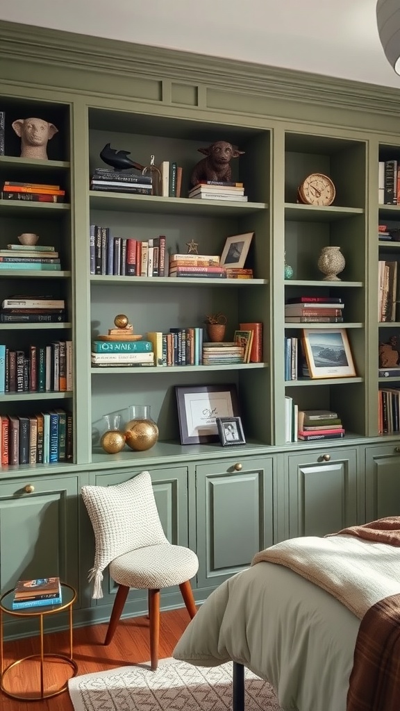 A sage green built-in shelf with books and decorative items in a bedroom.