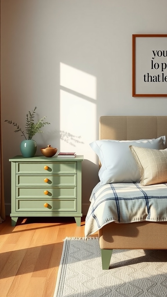 A cozy bedroom featuring sage green nightstands and soft bedding.