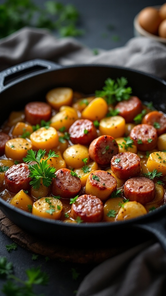 A skillet dish with sliced sausage and halved baby potatoes garnished with parsley