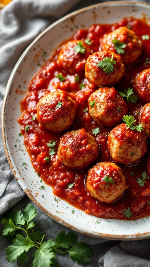 Delicious meatballs in marinara sauce garnished with fresh herbs.