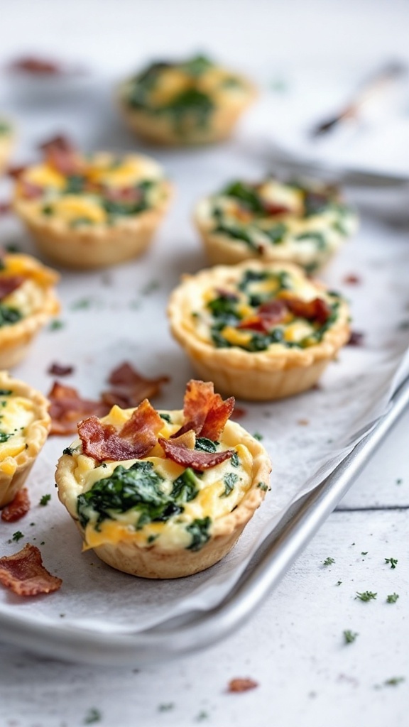 Savory mini quiches with spinach and bacon on a baking tray.