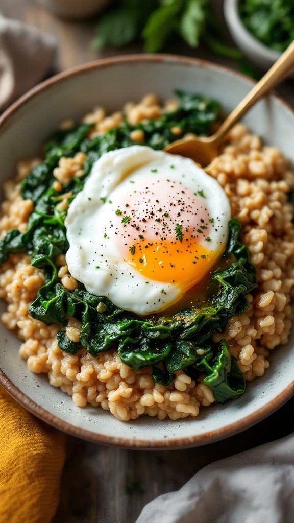 A bowl of savory oatmeal topped with sautéed spinach and a poached egg.