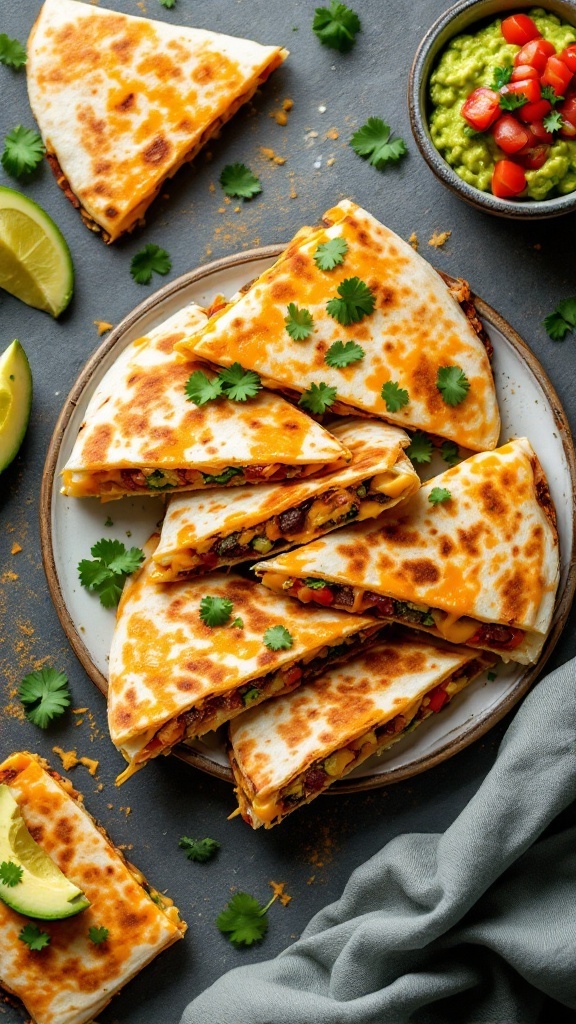 Delicious quesadillas served with guacamole and garnished with cilantro.