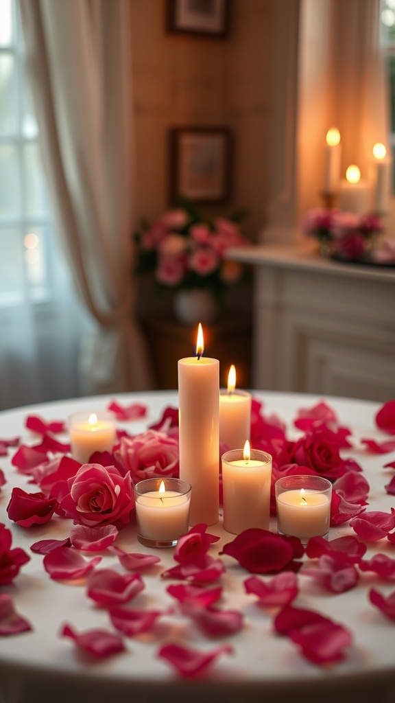 A table centerpiece featuring scented candles surrounded by rose petals, creating a romantic atmosphere.