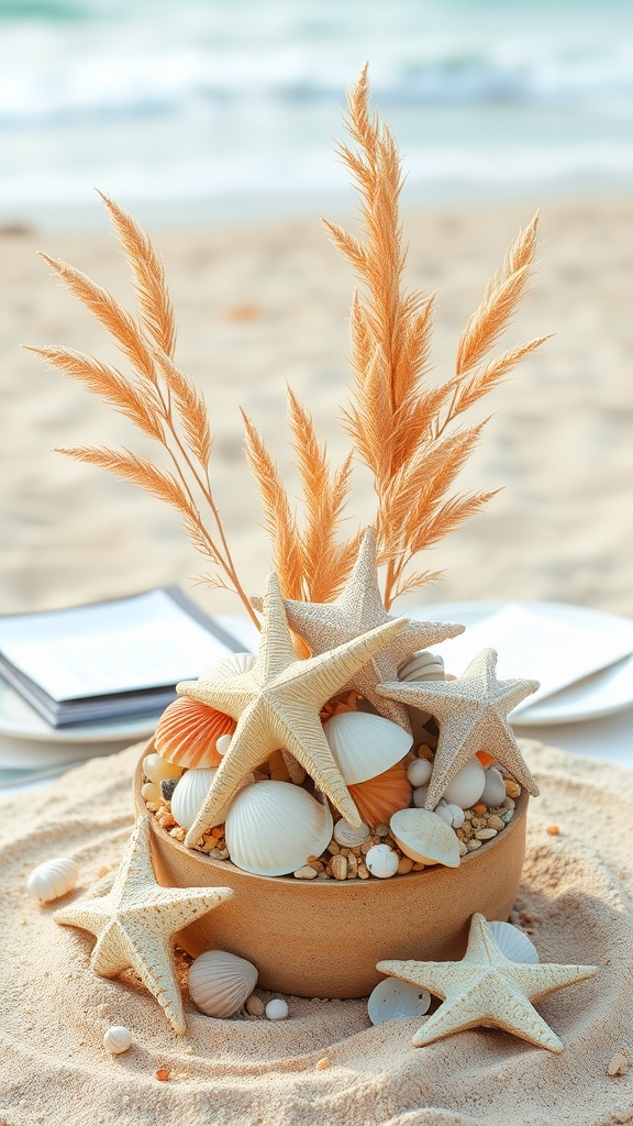 Seashell and starfish centerpiece on a sandy table setting