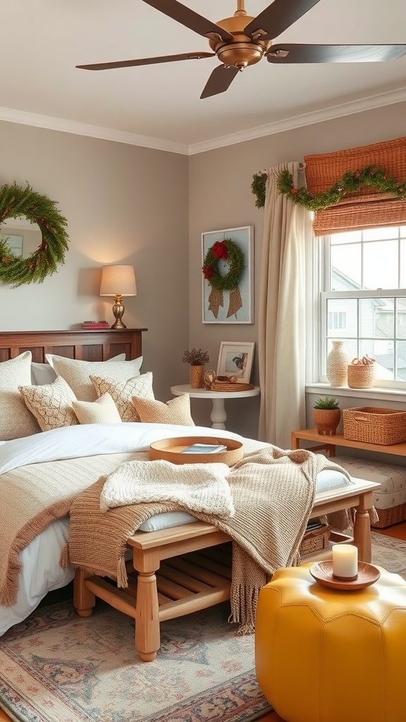 Cozy bedroom with seasonal accent furniture including a chair, pouf, and decorative pillows.