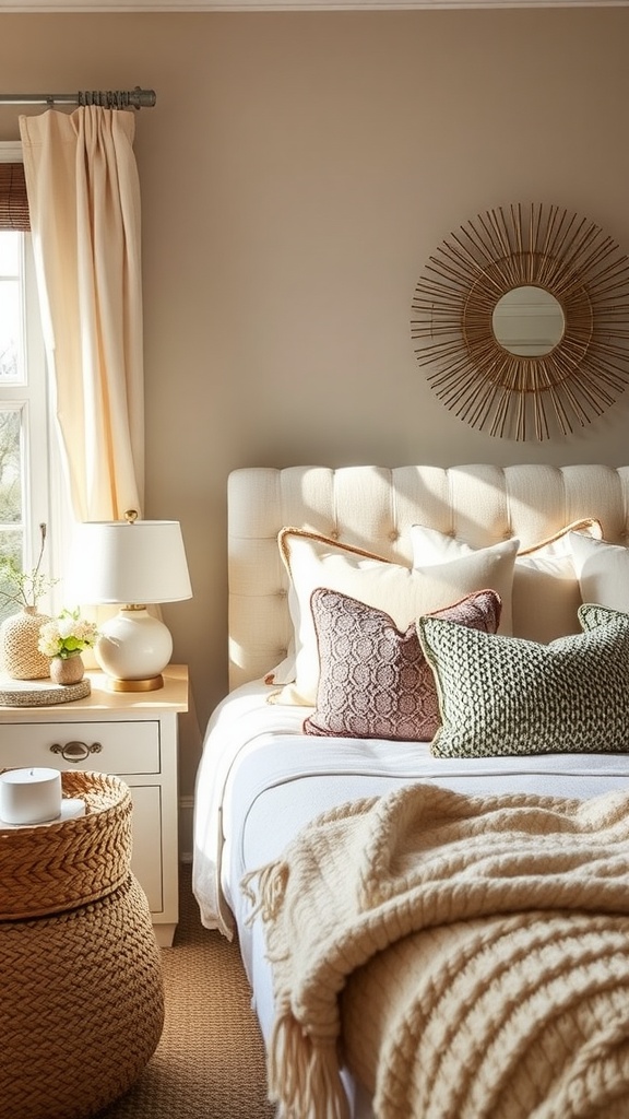 A cozy spring bedroom featuring textured accessories like knitted blankets and woven decor.