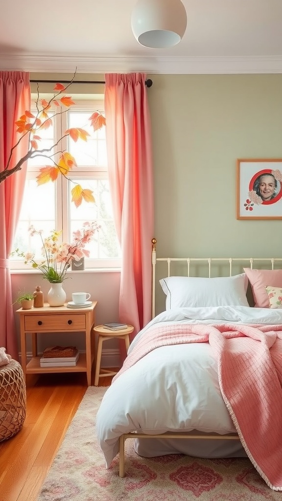 Cozy sage green and pale pink bedroom with seasonal decor