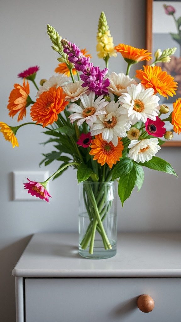 A vibrant bouquet of seasonal flowers in a glass vase on a bedside table.