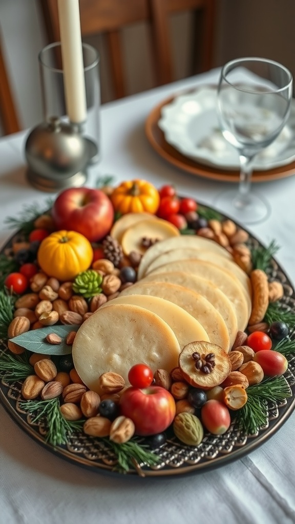 A beautifully arranged platter of seasonal fruits, nuts, and cheese on a dining table.