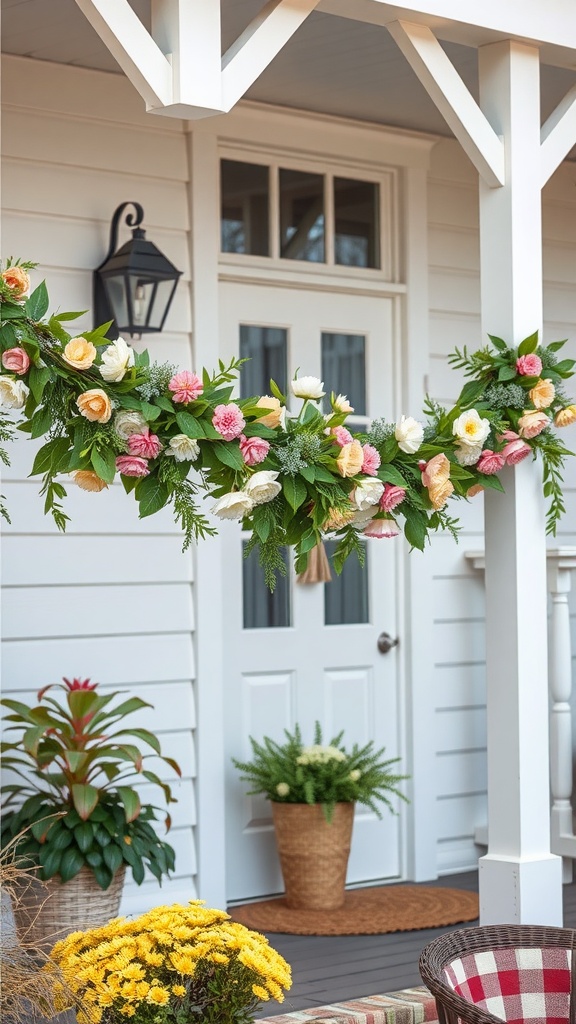 A spring-themed garland with pink and yellow flowers and green leaves adorning a front porch.