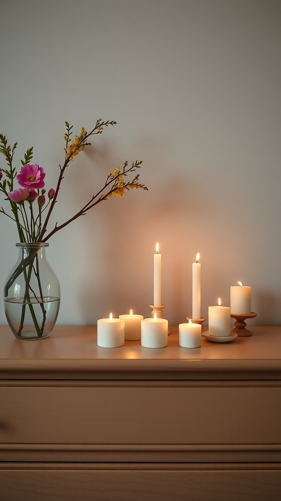 A collection of candles and flowers on a dresser, creating a cozy atmosphere.