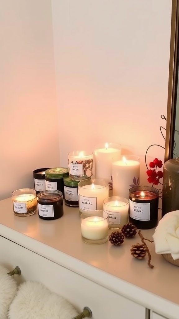 A collection of scented candles on a wooden dresser, creating a cozy atmosphere.