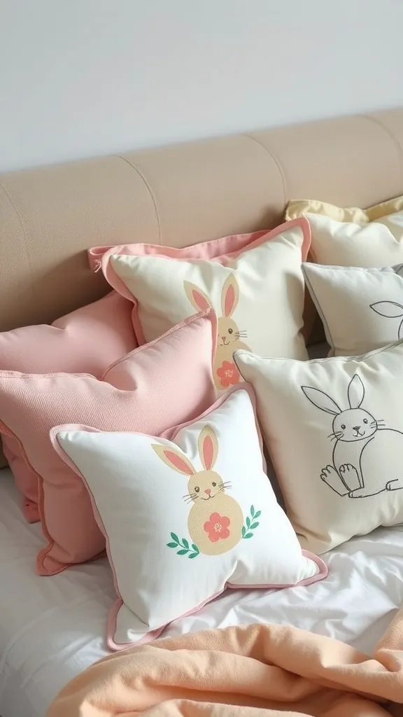 A collection of seasonal throw pillows featuring bunny designs and pastel colors on a bed.