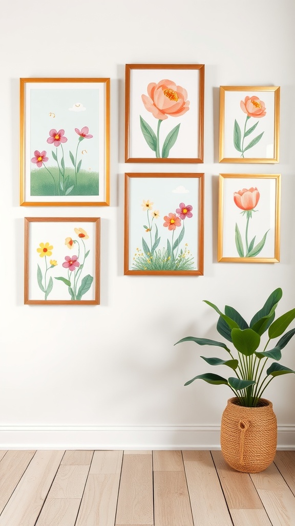 A collection of framed flower illustrations on a wall, accompanied by a potted plant.