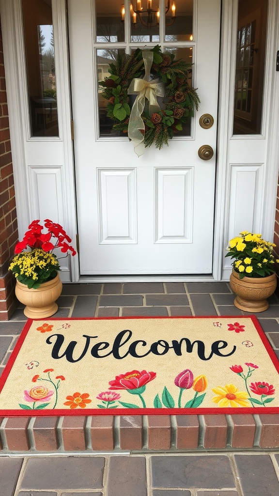 A spring-themed front porch with a welcome mat, potted flowers, and a wreath on the door.