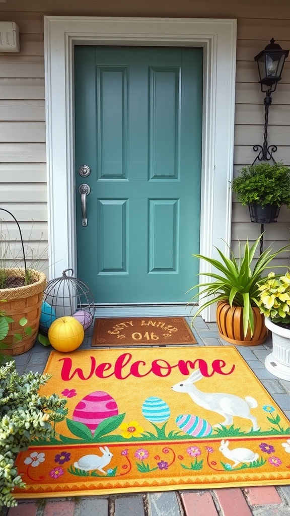 A colorful welcome mat with Easter designs in front of a door