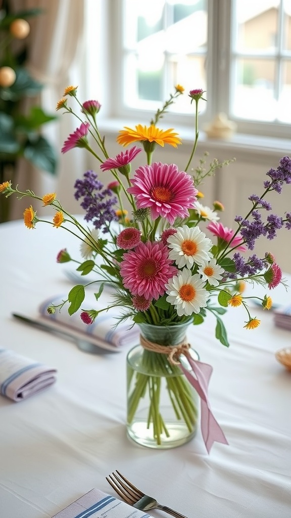 A vibrant seasonal wildflower bouquet in a glass vase on a dining table.