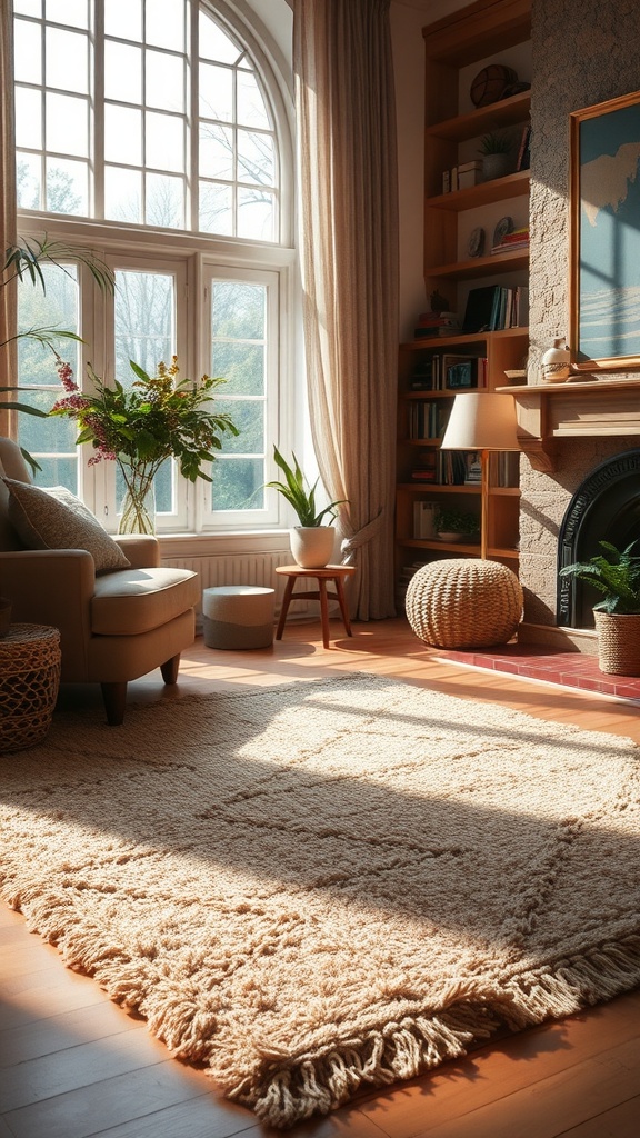 A cozy living room with a soft rug, sunlight streaming through large windows, and plants decorating the space.