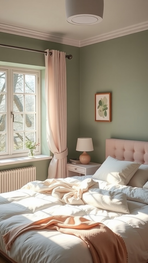 A serene bedroom featuring sage green walls with pink accents.