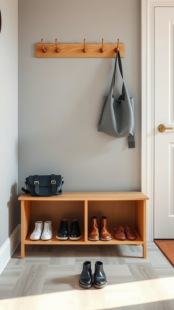 A modern entryway with a shoe bench and hooks for bags.