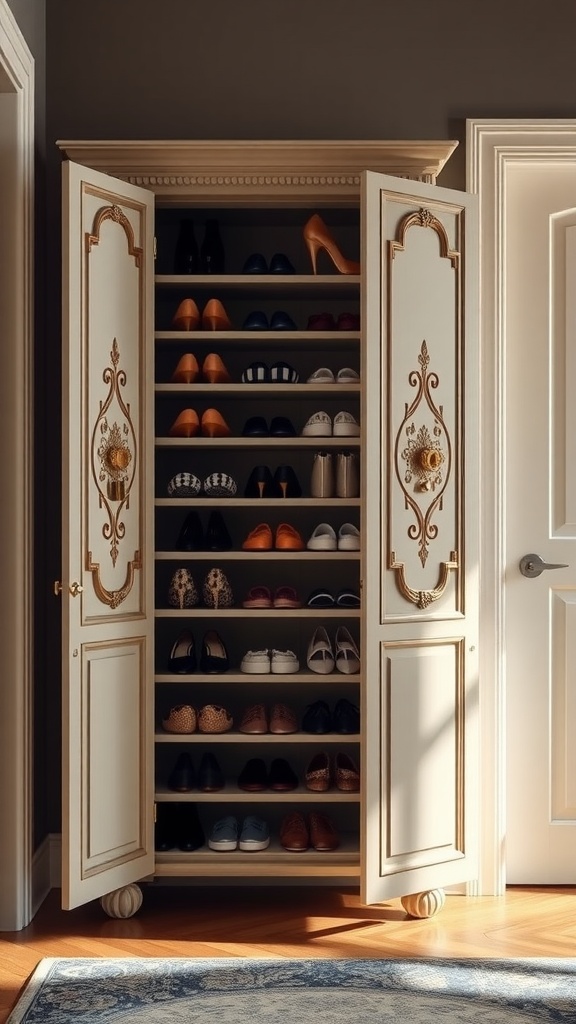 A beautifully designed shoe cabinet with elegant doors displaying a variety of shoes neatly arranged on shelves.