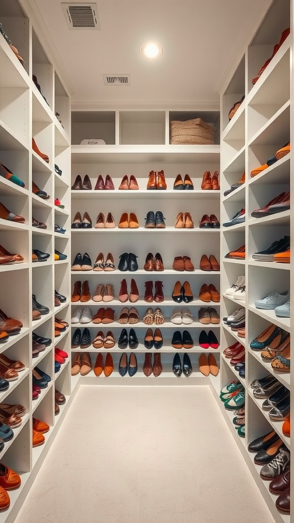 A well-organized shoe closet with built-in shelving displaying various pairs of shoes.