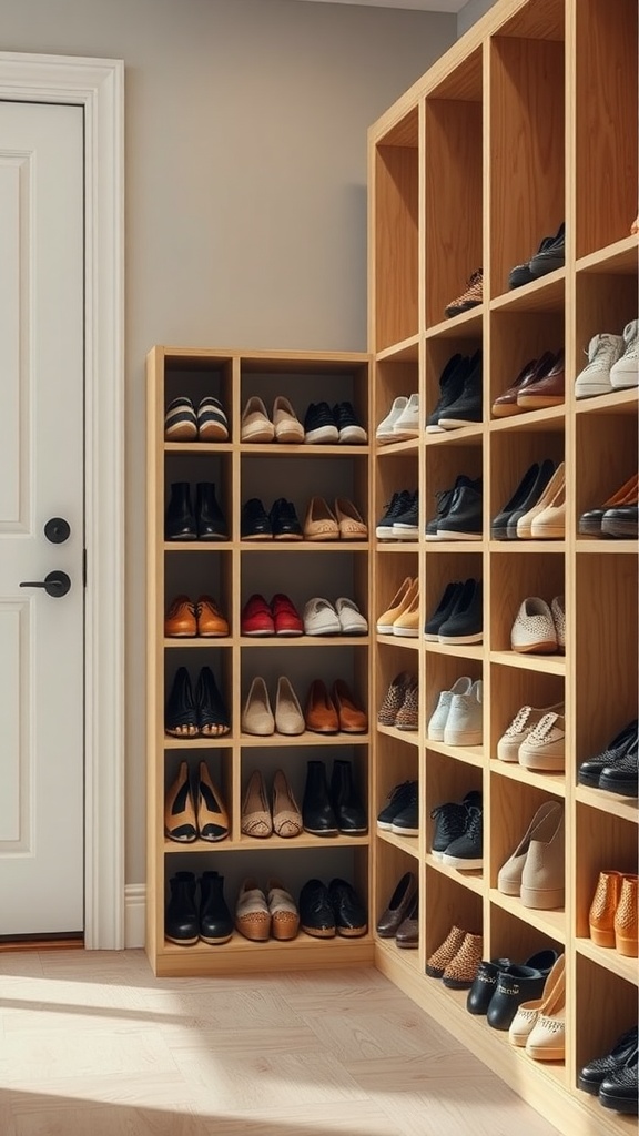 Wooden shoe cubbies neatly organized with various types of shoes.