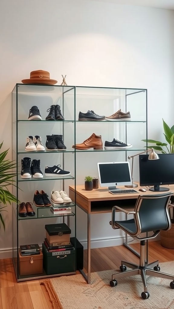 A stylish display case with various shoes and a workspace in a modern room.