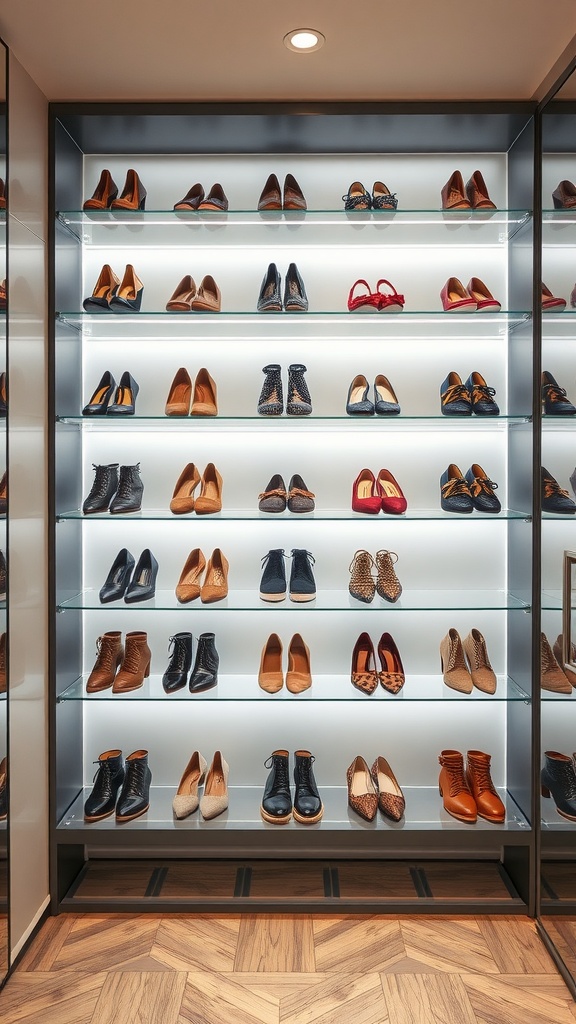 A stylish shoe rack with built-in lighting showcasing various pairs of shoes.