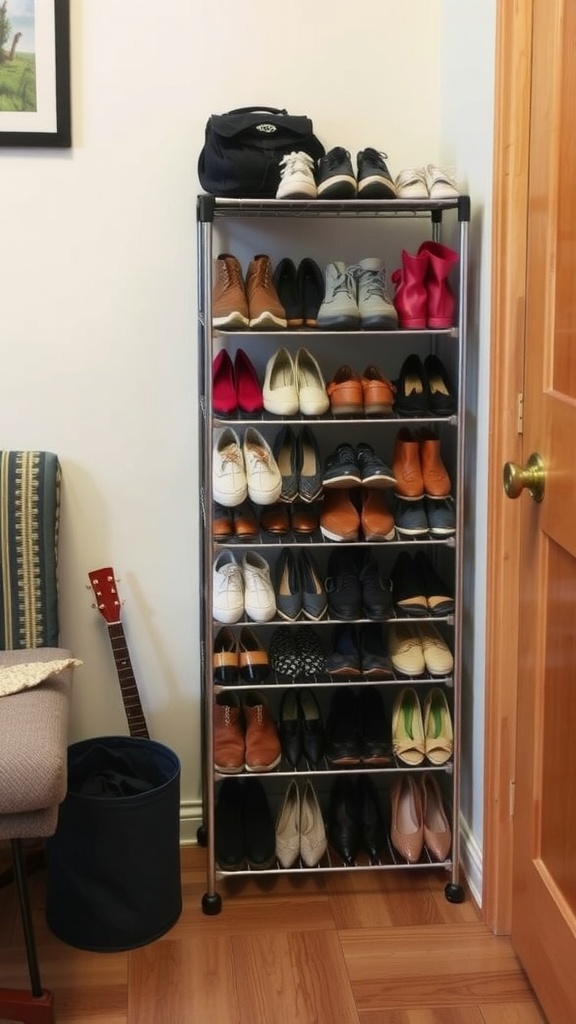 A shoe rack filled with various types of shoes, showcasing organized storage in a small space.