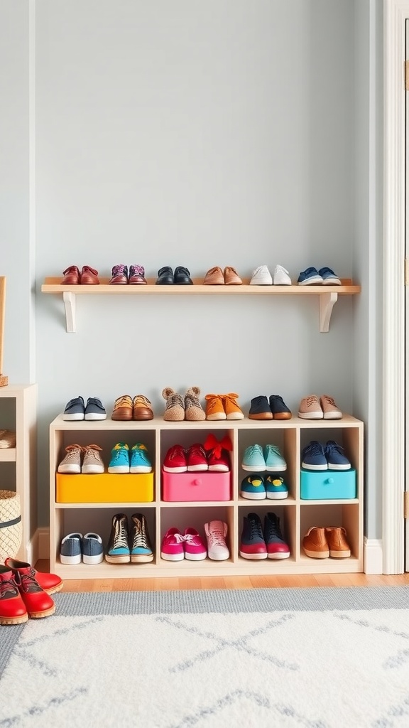 Colorful shoe storage solution for kids with shelves and bins.