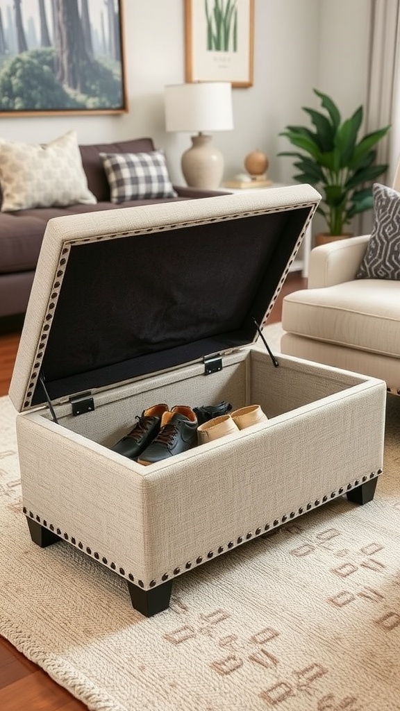 A stylish shoe storage ottoman with shoes inside, placed in a cozy living room setting.