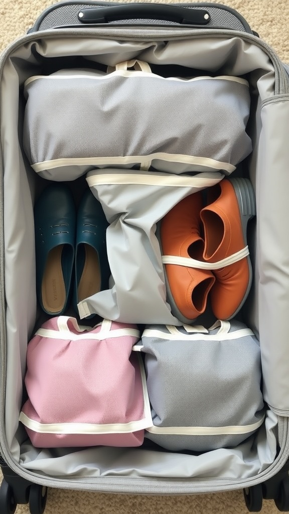 A suitcase organized with various shoes in mesh storage bags.