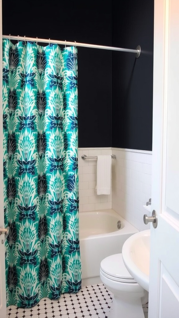 A small bathroom featuring a bold patterned shower curtain in blue and yellow.