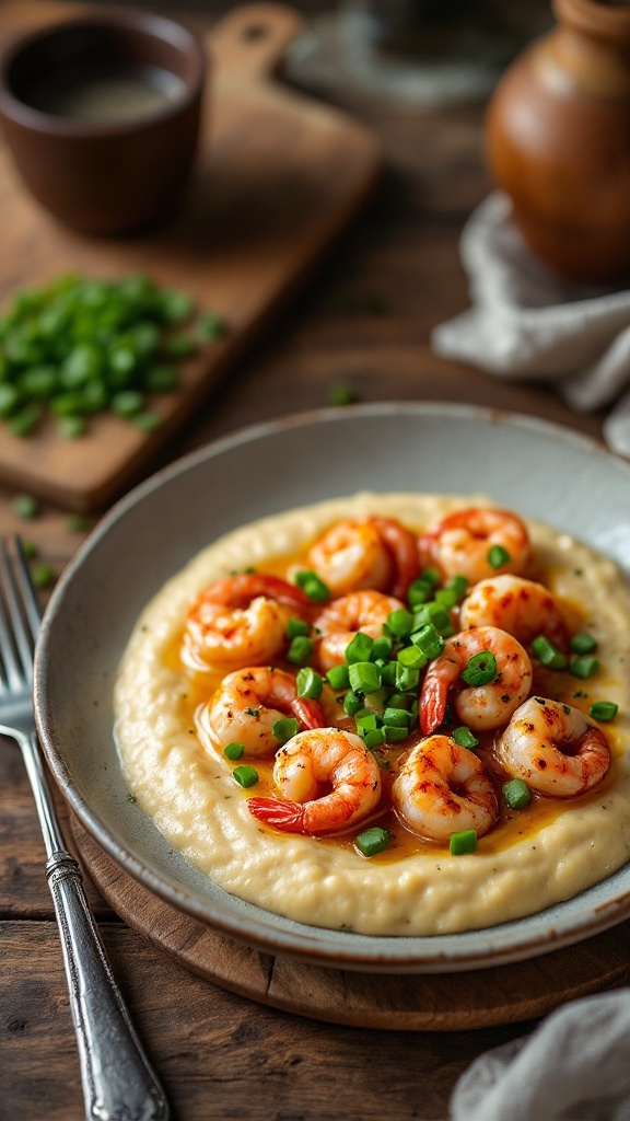 A delicious serving of shrimp and grits topped with green onions.