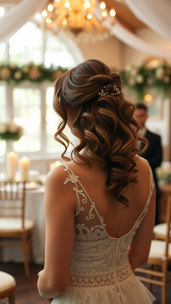 A bride with side-swept curls, showcasing a romantic hairstyle with elegance.